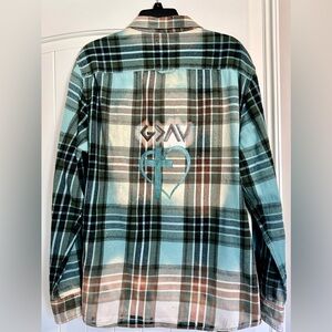 Upcycled Casual Plaid Flannel Button Down Shirt with Hand Painted Design